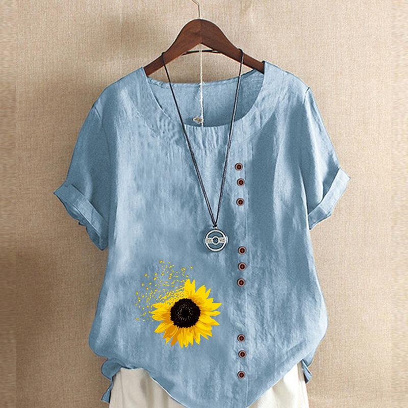 Damenmode Sonnenblumen-Print Kurzarm-T-Shirt Locker Baumwollhemd Lässig Locker Sommerbluse Tops Übergröße