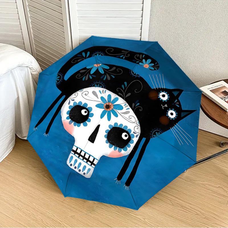 1PC Sugar Skull Cat Auto Folding Umbrella - Compact 8-Rib Design, Durable Plastic & Iron, Lightweight for Outdoor Daily Use097