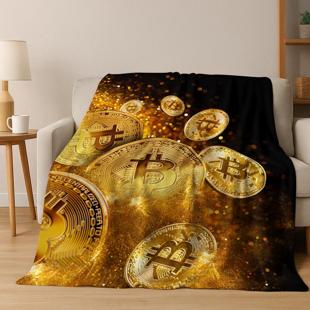 3D HD Bitcoin Money Pattern Flannel Blanket Soft Warm Blanket for Home Bedroom Office Travel Camping Picnic Gift To Friend 75x90cm