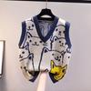 Cute Cat Print V-Neck Knit Vest Womens Sleeveless Cropped Sweater Top Korean Style Casual Cardigan