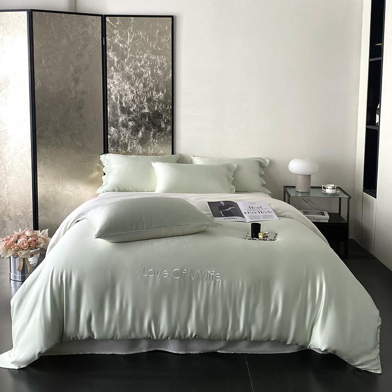 

Mix Color Rayon Silk Embroidery Bedding Sets High Quality Silky Soft Comforter Set Summer Cooling Single Double Bed Linens 1.5m 4pcs set зелений