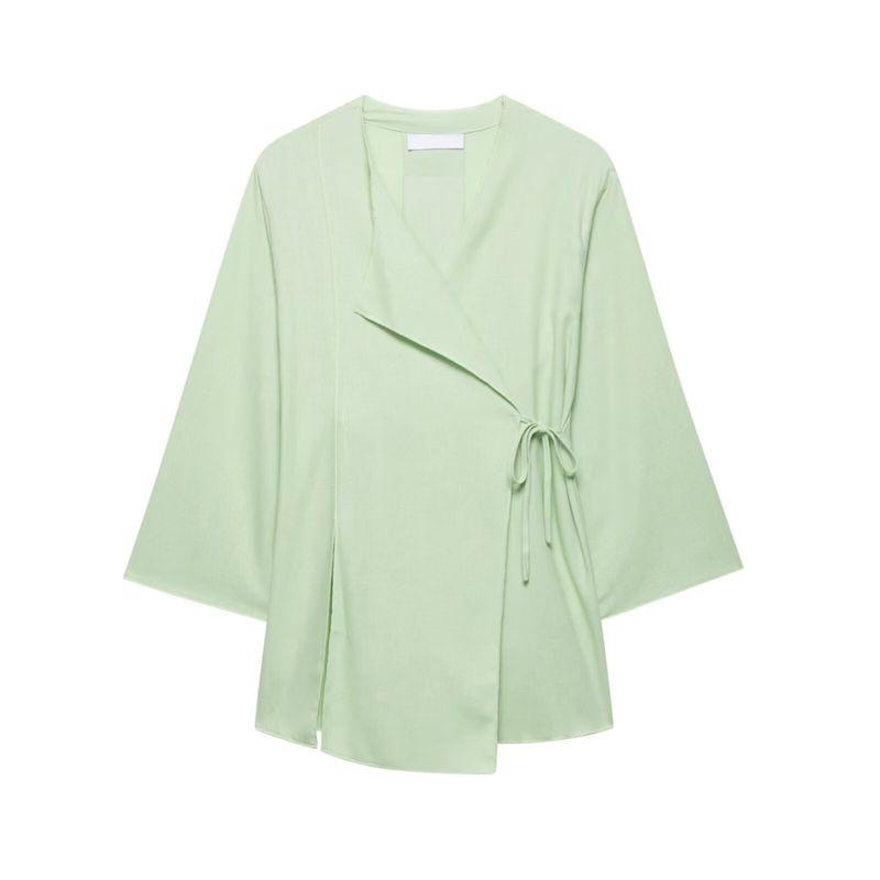 Linen Blend Kimono Cross Outwear 6078572 Retro Brown Elegant Wide Leg Pants 5057572