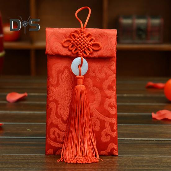 Plic roșu din mătase artificială Nuntă chinezească Buzunar roșu Lucky Money Hongbao Card Plic pentru numerar cu nod chinezesc pentru nunta la Festivalul de primăvară de Anul Nou