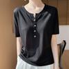 Women's Spring and Summer Thin Elegant Half Open Neck Worsted Knit Short Sleeve Casual T-Shirt Top