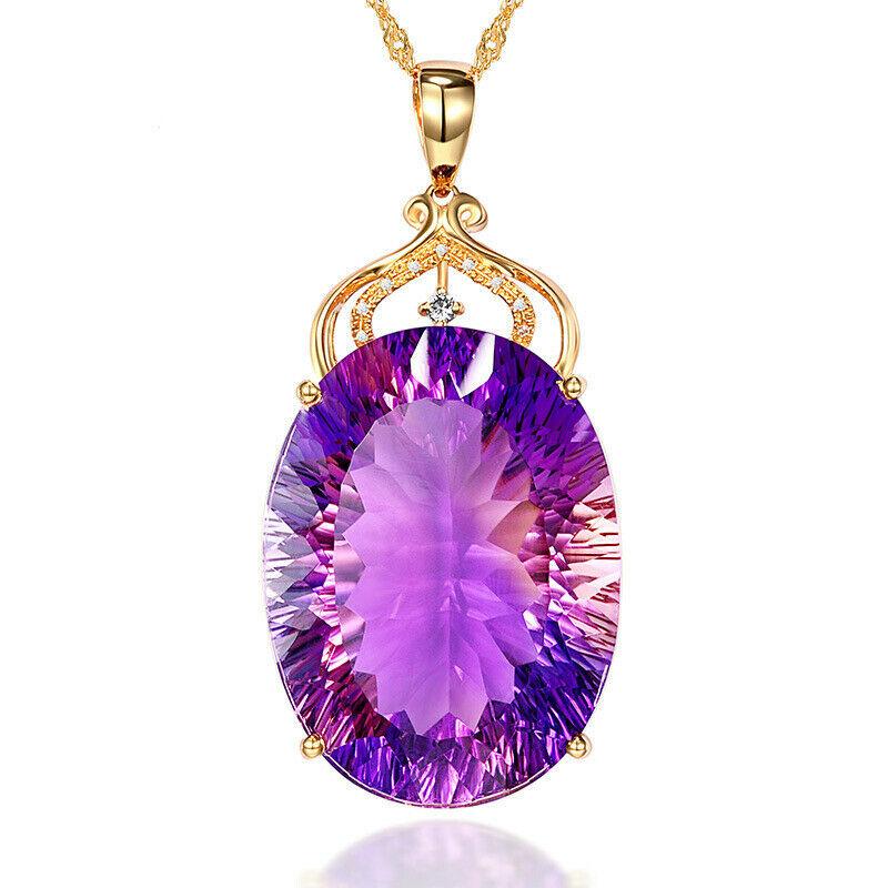Edelstein-Charm, 18 Karat vergoldet, 36 Karat, Amethyst-Farbe, ovaler Kristall-Anhänger, Halskette, Damen-Hochzeitsschmuck