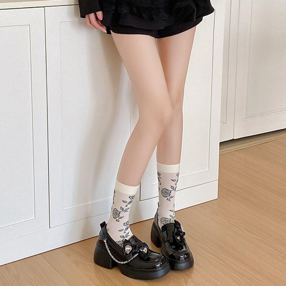 2Pairs Streetwear Retro Rose Stockings Lolita JK Mid Tube Long Socks Sweet Flower Stockings  Summer