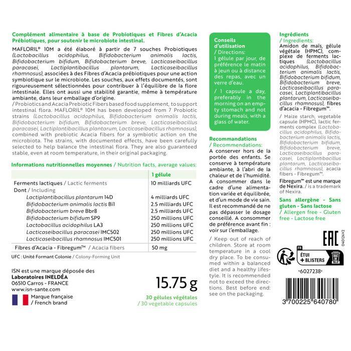 ISN - Mafloril 10M - Complément Alimentaire - 7 Souches Probiotiques + Fibres Prébiotiques - Soutien Du Microbiote Intestinal - Cure
