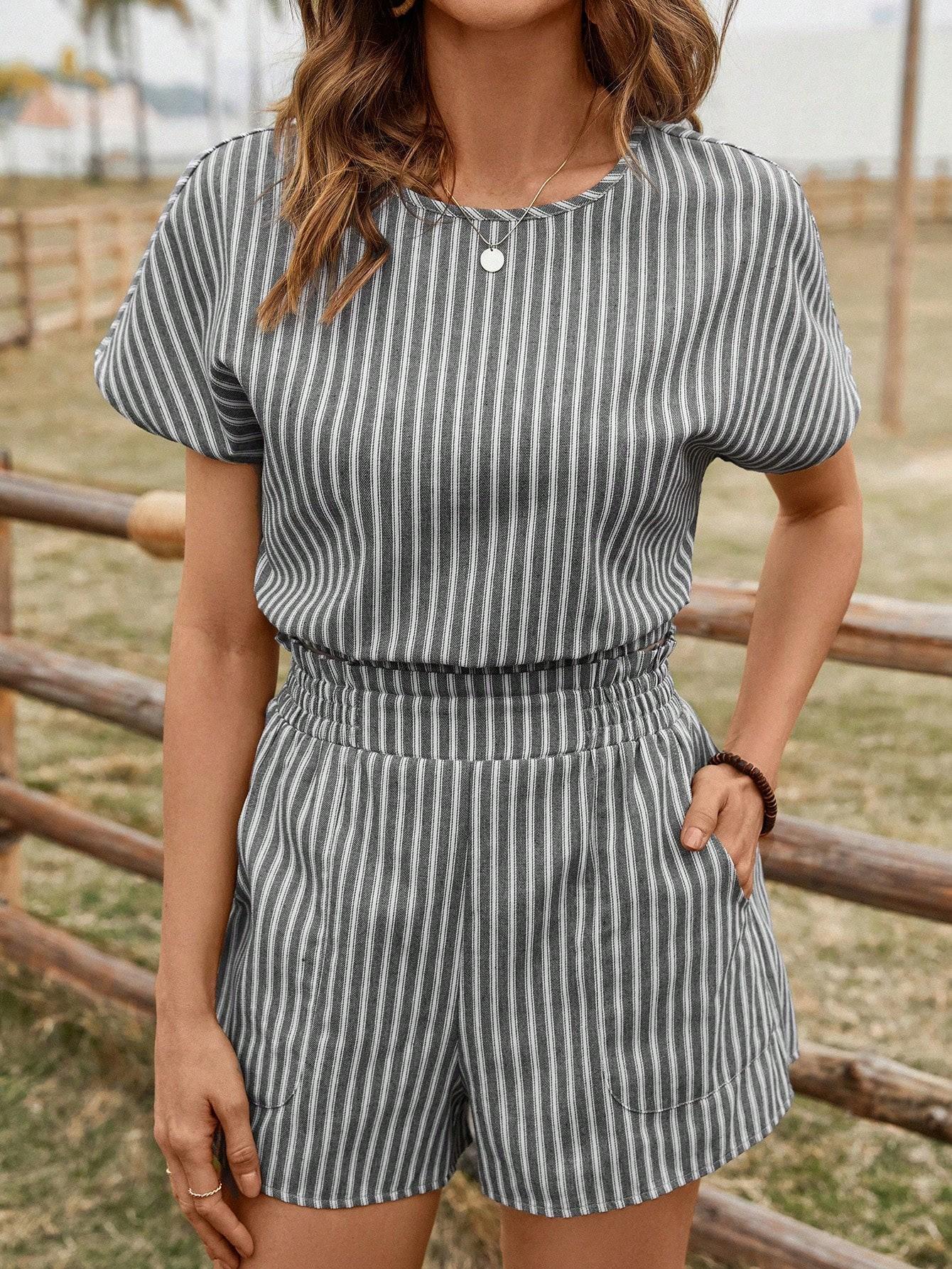 Retro Striped Women s Two-Piece Set: Short Sleeve Top & High Waist Shorts XXL серый