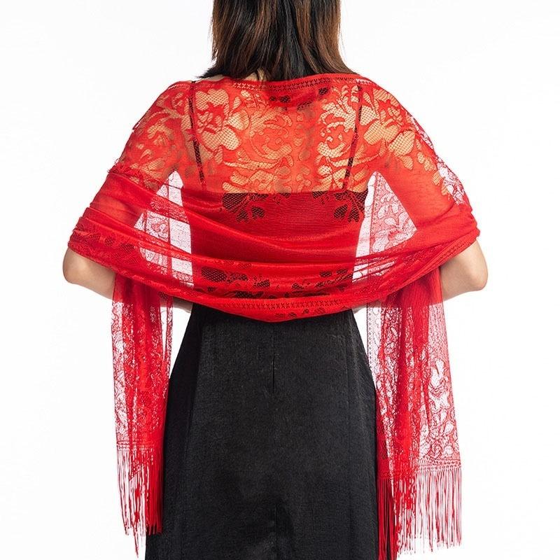 Elegant Wedding Tassel Shawl Female New Pure Color Hollow Lace Party Bride Bridesmaid Mesh Yarn Temp