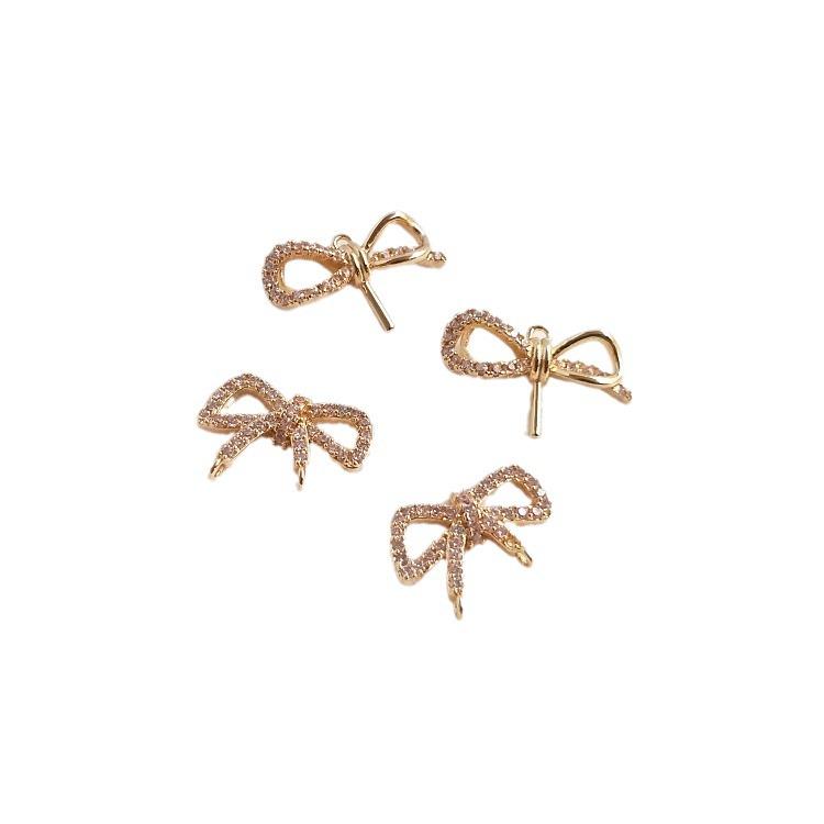 14K Gold-Filled Zircon Bow & Crystal Pearl Double Pendant Clavicle Chain Earrings