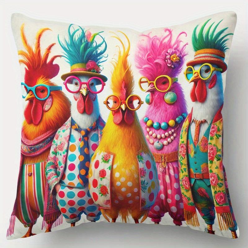 

2D flat-Funky Fashion Rooster Throw Pillow Cover,Vibrant Anthropomorphic Chicken Decorative Pillow Case 45x45cm-1pcs