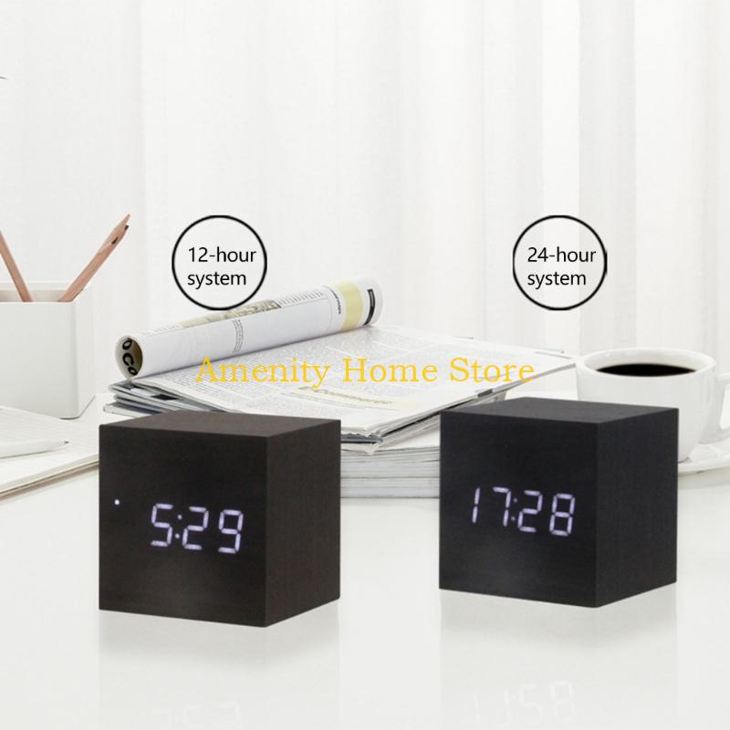 F26C Wood Cube Voice Control  Led Alarm Clock Decorative Clock Ornaments Art Crafts Supplies for Home Bedroom Dormitory