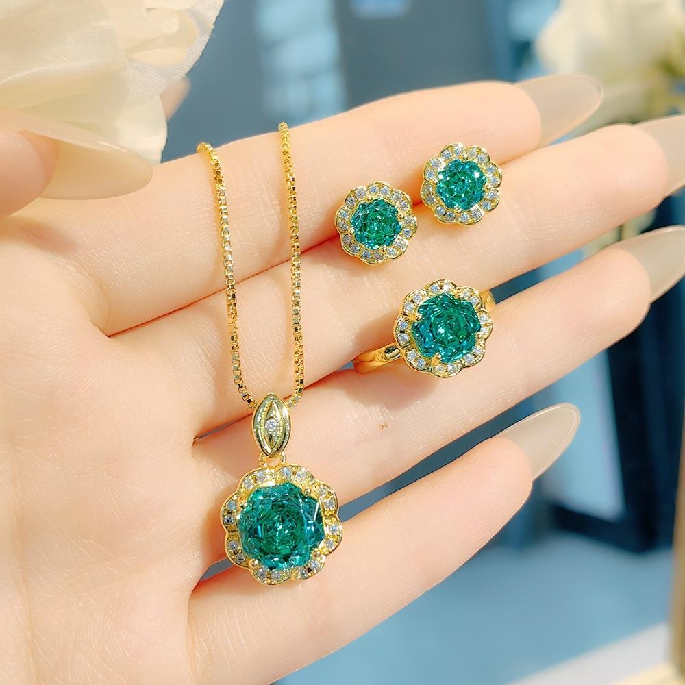 Exquisite Colorful Octagon Millennium Rose Cut Paraiba Ring Set Light Luxury High Carbon Diamond Redstone Stud Earrings Pendant