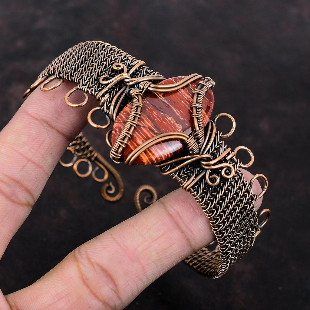 Red Snakeskin Jasper Cuff Bracelet Copper Wire Wrapped Adjustable Bangle Handmade Gemstone Bangle Copper Jewelry Flower Bangle Gift For Him