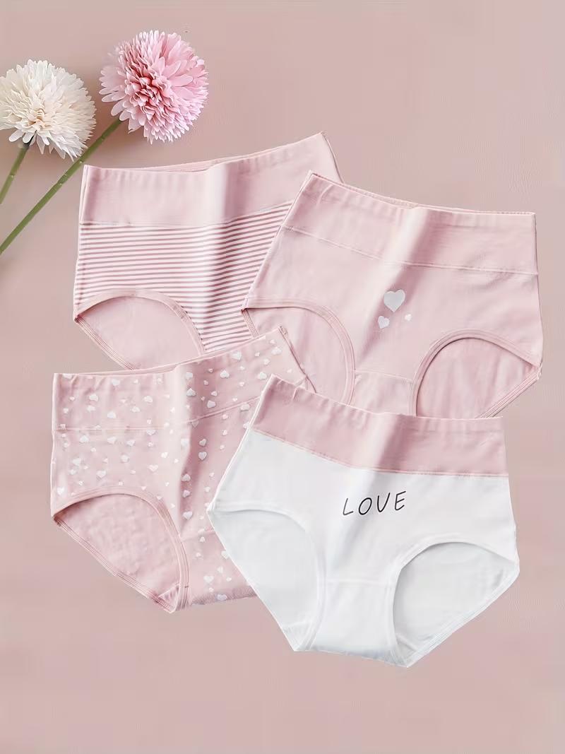 

4Pcs Women High Waist Lace Trim Floral Print Cotton Briefs Set | Soft Breathable Comfortable Daily Underwear розовый