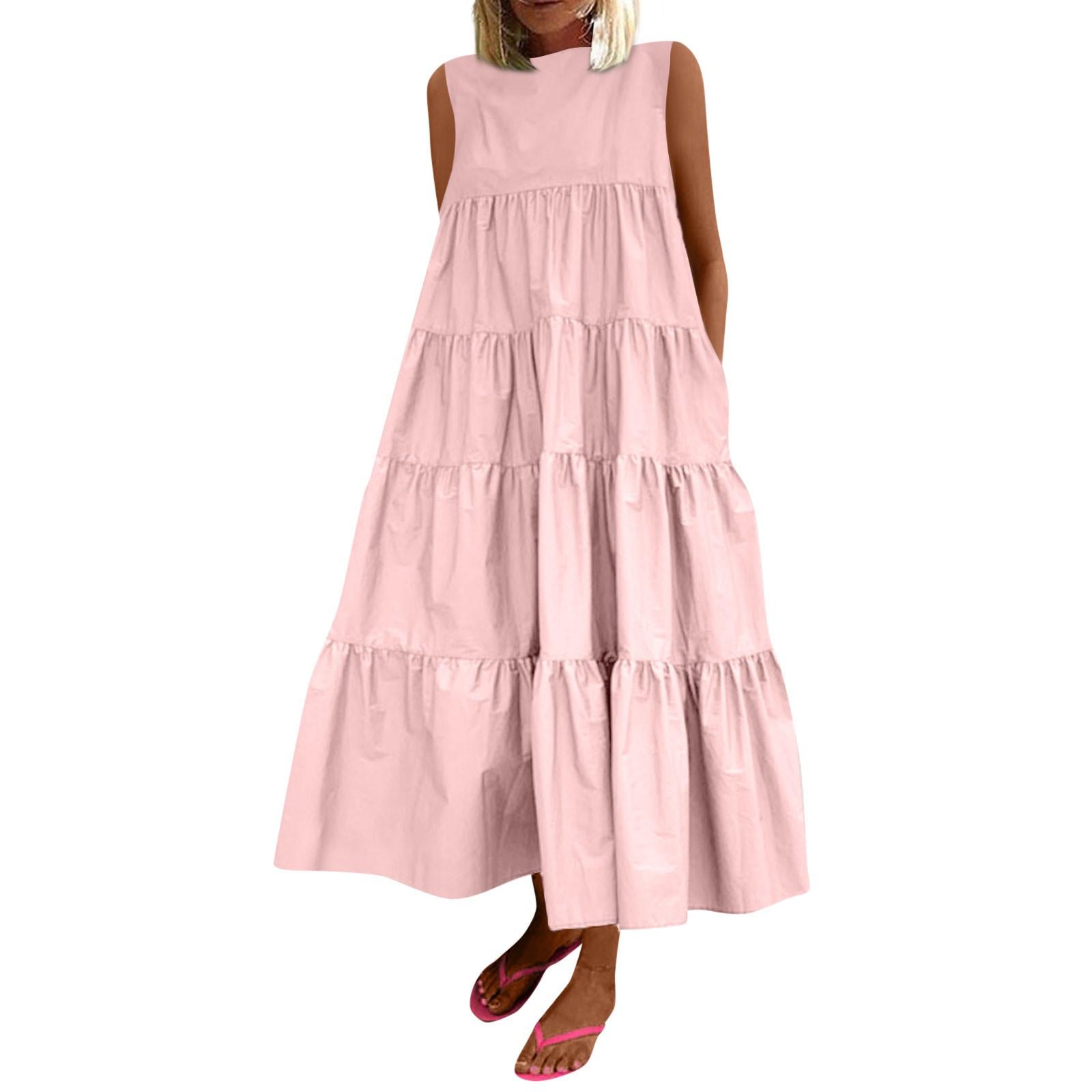 Женская мода без рукавов сплошной цвет повседневные свободные платья без карманов с круглым вырезом M розовый