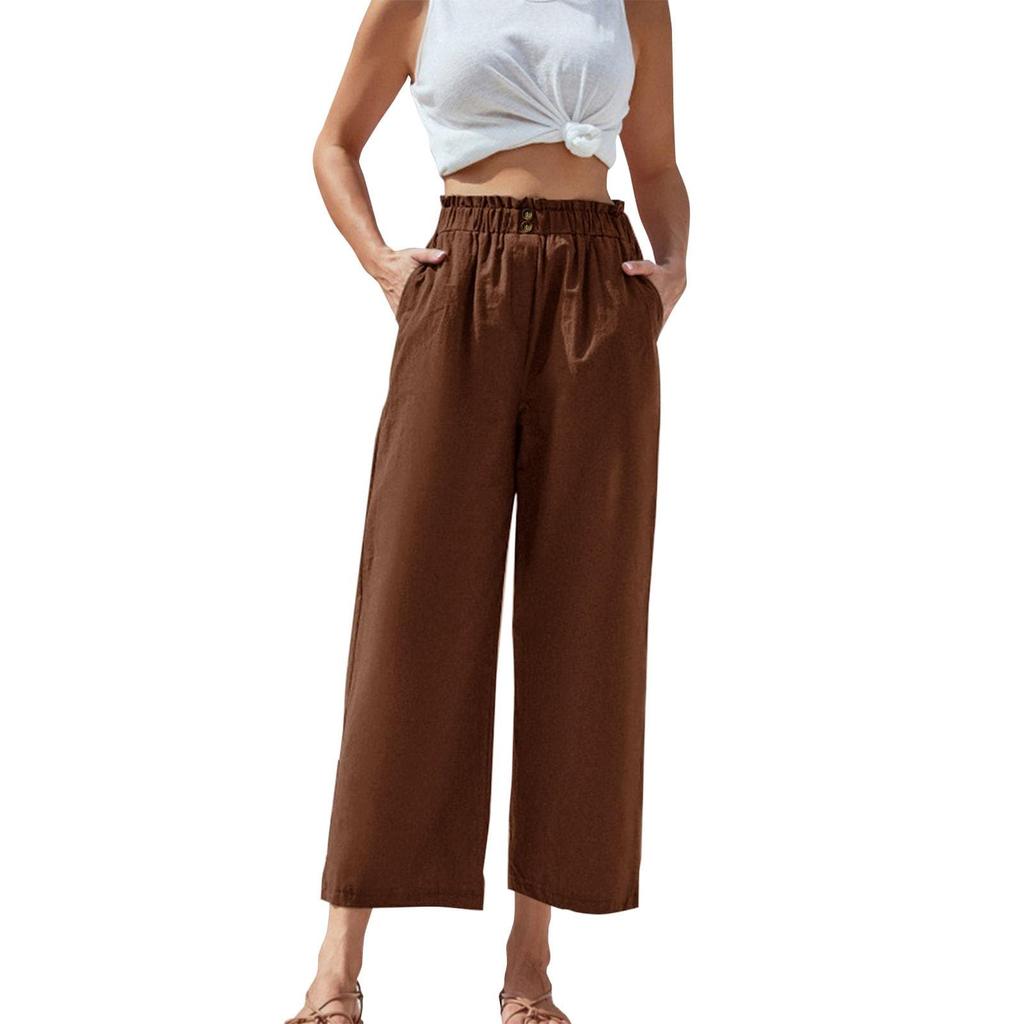 Women's High-waisted Ruffled Elastic Waist Cotton And Linen Cropped Casual Pants