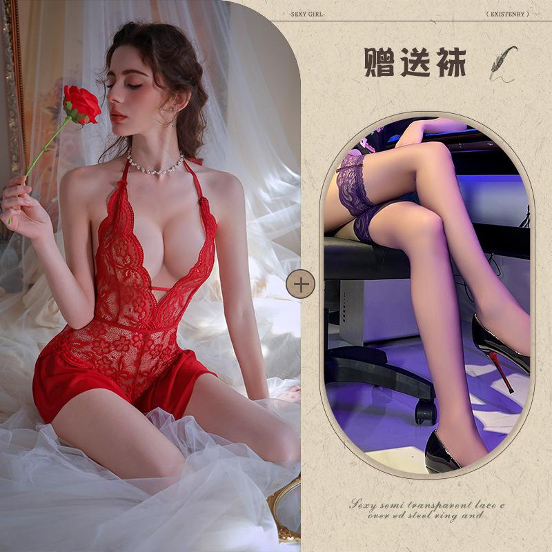 Purple lace sexy lingerie uniform female seduction flirting onesie suspender deep V piece