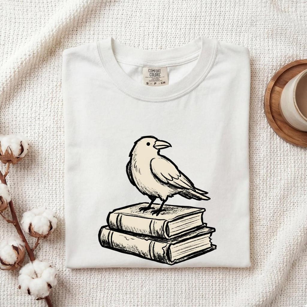Crow Tower Books Shirt Halloween Reading Gift Women Line Art Tee Book Tower T-Shirt Horror Fan Book Illustration Graphic Ornate Tshirt