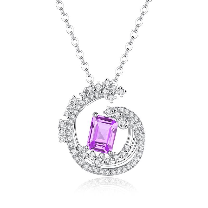 925 Sterling Silver Moon Pendant Necklace for Women, Natural Amethyst/Peridot/Topaz Crystal Necklace, Trendy Fashion Jewelry 925 silver