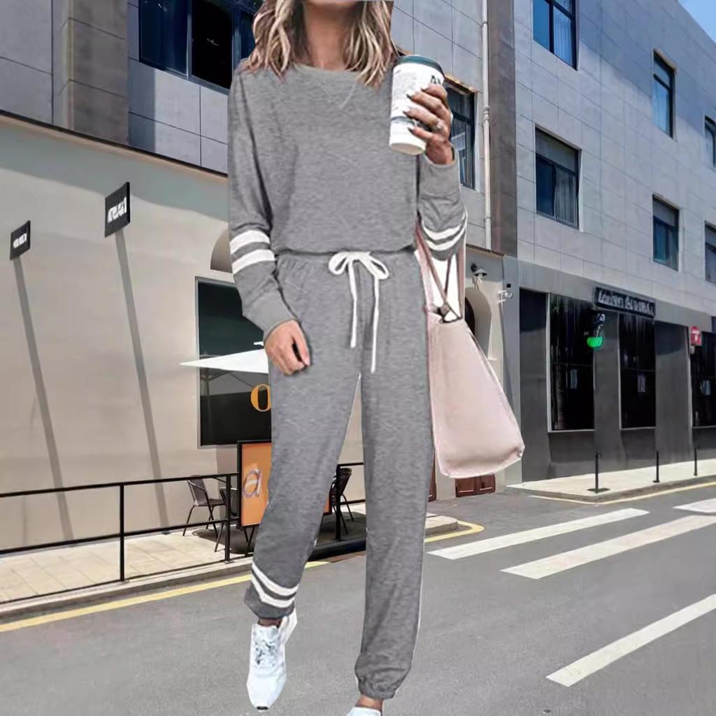 Damen Gestreifte Bündchen Langarm Kordelzug Locker Freizeit Trainingsanzug 2-teiliges Hosen-Set Loungewear Outfits