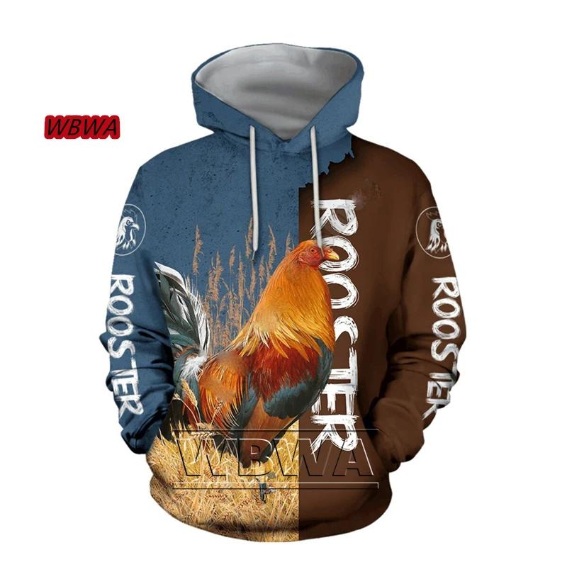 Krásná unisexová luxusní mikina s kapucí s celoplošným 3D potiskem kohouta, pánská mikina, pulovr, ležérní bunda Harajuku, tepláková souprava