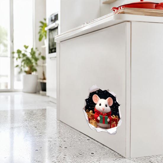 Christmas Party Wall Decor 3D Hole Illusion Mouse Sticker, Peel And Stick Waterproof PVC Creative Gifts for Friends Decal Window Glass, Festive