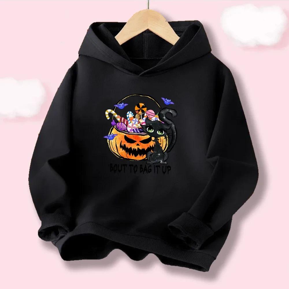Kawaii Boys' & Girls' Halloween Hoodie "LOVE" Letter with Pumpkin and Skull Print, Casual Kids' Hooded Top