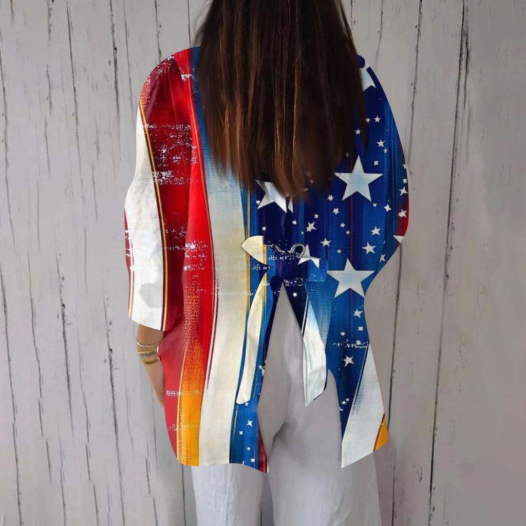 Women's Fashion 3/4 Sleeve Casual Lapel Back Tie Independence Day Printed T-shirt Top