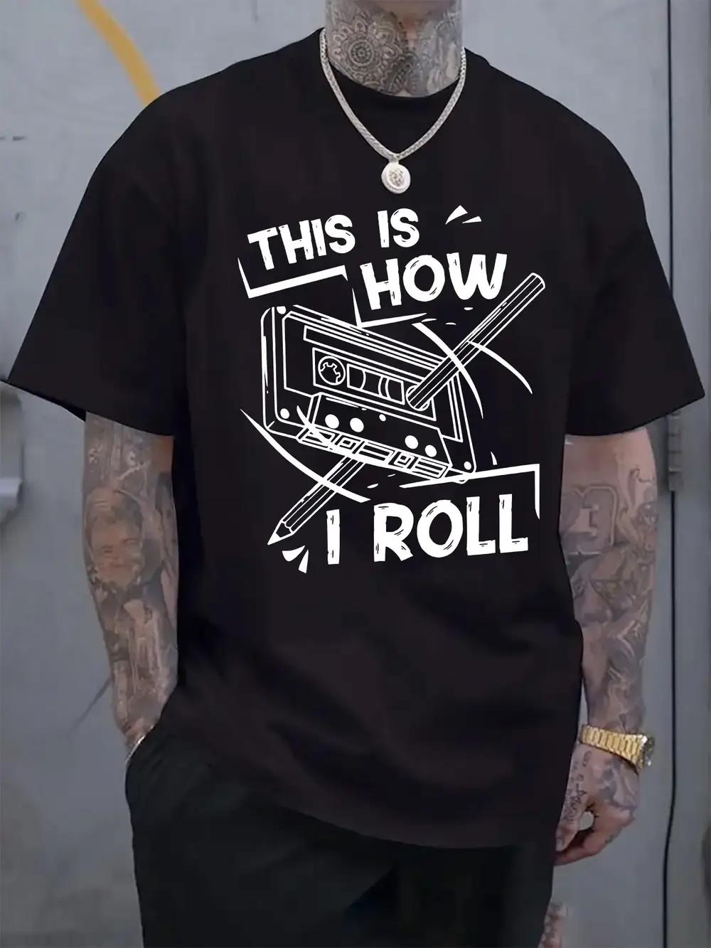 

Retro Cassette Tape Graphic T-shirt with This Is How I Roll Slogan - Light Grey Regular Fit Short Sleeve Tee for Summer Casual Wear L