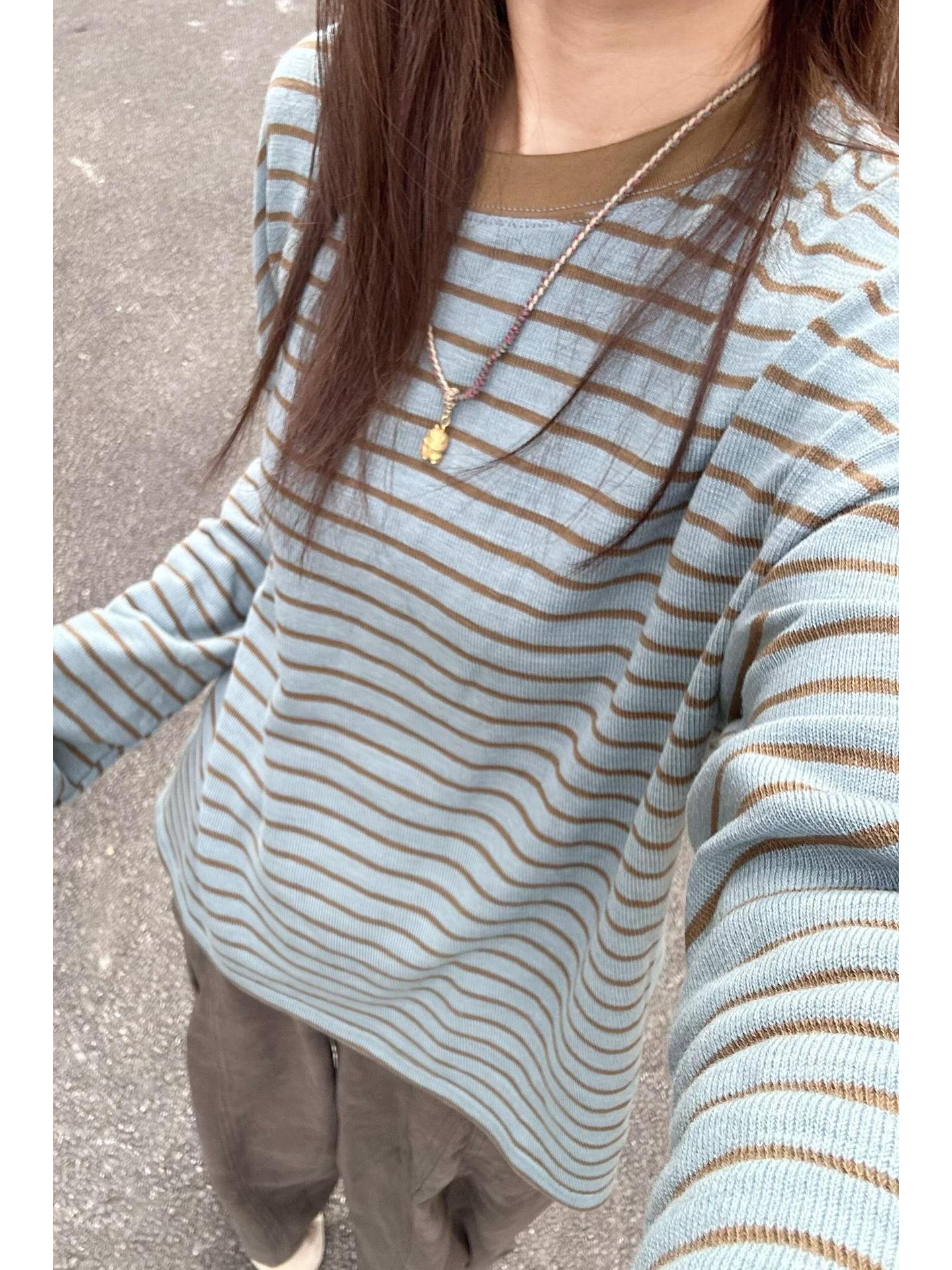 

Women s Autumn Loose Fit Korean Striped Knit Sweater - Long Sleeve, Color Block, Slimming Base Top Medium