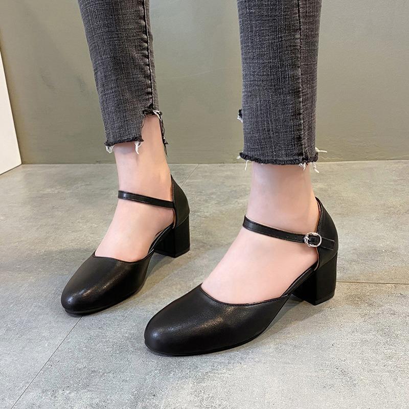 High Heels Women's Four Seasons New Round Head Simple Light Mouth Single Shoes Women's Buckle Thick Heel Medium Heel High Heels Women's Shoes