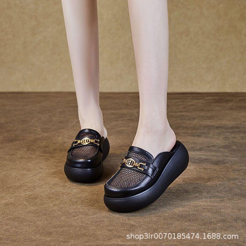 2024 summer new real soft leather bag head slippers women wear versatile thick-bottomed sandals small mesh half slippers women