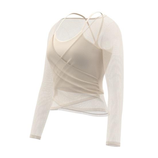 Long Sleeve Yoga Two-Piece Set for Women Mesh Gym Athletic Tops Workout Shirts with Support Sports Bra