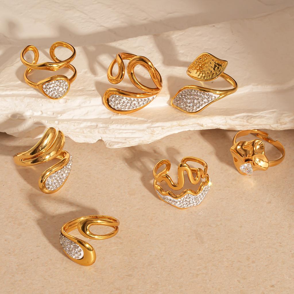 Gold Color Stainless Steel Leaf Rings for Women Vintage Irregular Zircon Crystal Double-Layer Index Finger Rings Jewelry Gifts