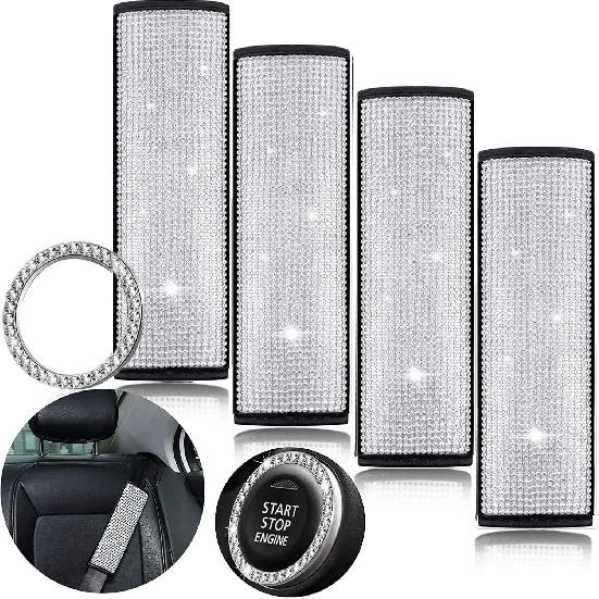 Tallew 5 Pack Bling Seat Belt Covers Rhinestones Car Seat Belt Strap Shoulder Pad for Women with Crystal Diamond Soft Rhinestone Start Button