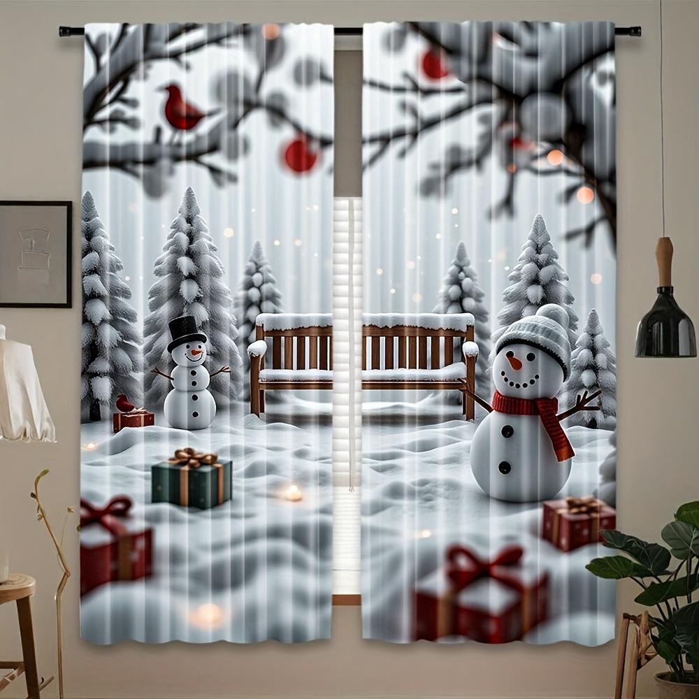 

2PC Snowman & Cardinal Sheer Curtains – Light-Filtering Polyester Snowy Forest Print Rod Pocket Top – All-Season Holiday Decor 100*130 Grommet Top 1pcs