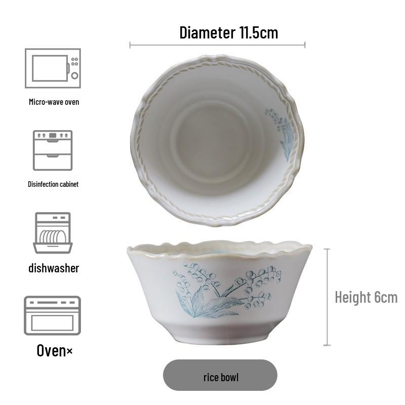 French Retro Lily of the Valley Tableware Set: Ceramic Dinner Plates, Rice Bowls, Steamed Fish Plates, and Household Dish Set.