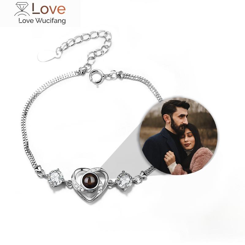 

Проекционный фотобраслет Индивидуальный браслет Love Zircon Heart Crystal из серебра Персонализированные парные браслеты Подарки на день Святого Валентина