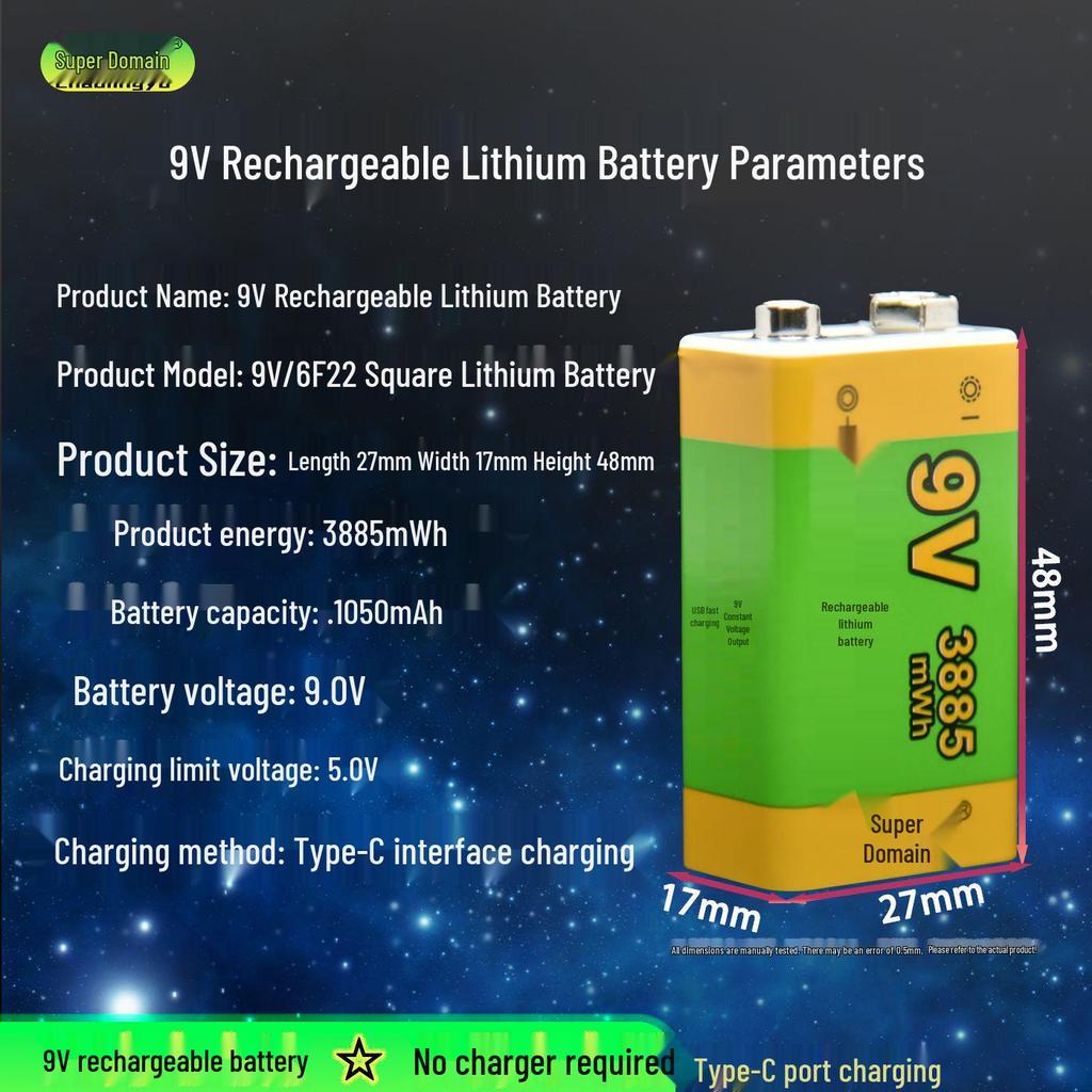 9V High-Capacity Rechargeable Lithium Battery for Wireless Microphones, Guitars, Multimeters, and Detectors