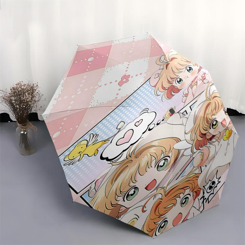 Chibi Girl Automatic Opening/Closing Umbrella with Cute Print Portable 3 Fold Design,8 Bone Iron Frame Outdoor Umbrella for Fans,Travele