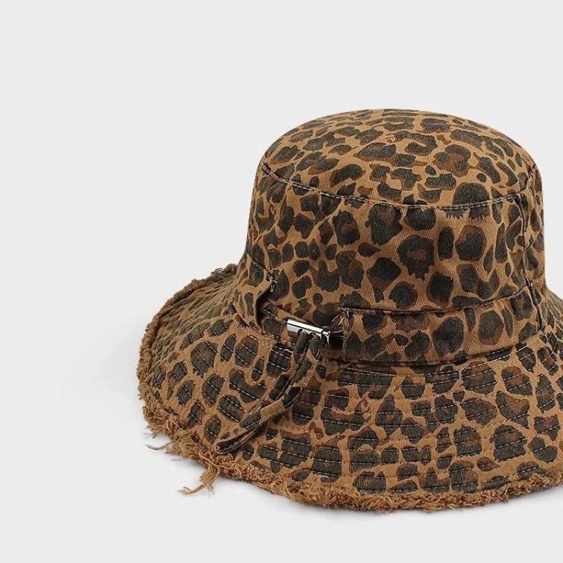 Herbst Damen Leopardenmuster Fischerhut Ins Punk Stil Spicy Girl Eimerhut Großer Schirm Outdoor Reise Strand Sonnenhut