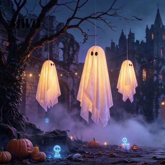 Glowing Halloween Scene Accessories 3Pcs Lighted Hanging Ghost Decorations,Glowing Warm LED Floating Ghosts, Swinging Creepy Yard Decorations