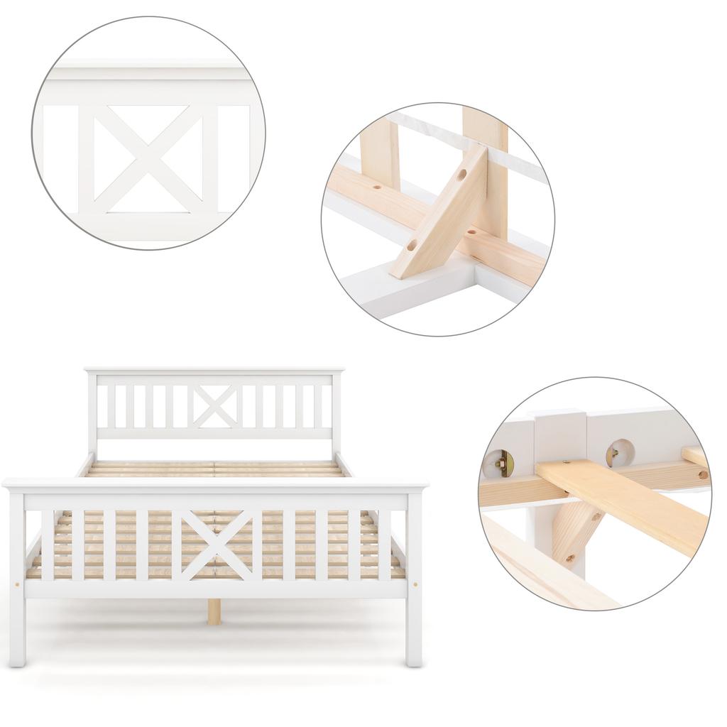 Holzbett Doppelbett aus Bettgestell mit Lattenrost Holzbett mit Kopfteil - 140 x 200 cm Massivholz Kinderbett Jugendbett Kiefer Massiv Weiß
