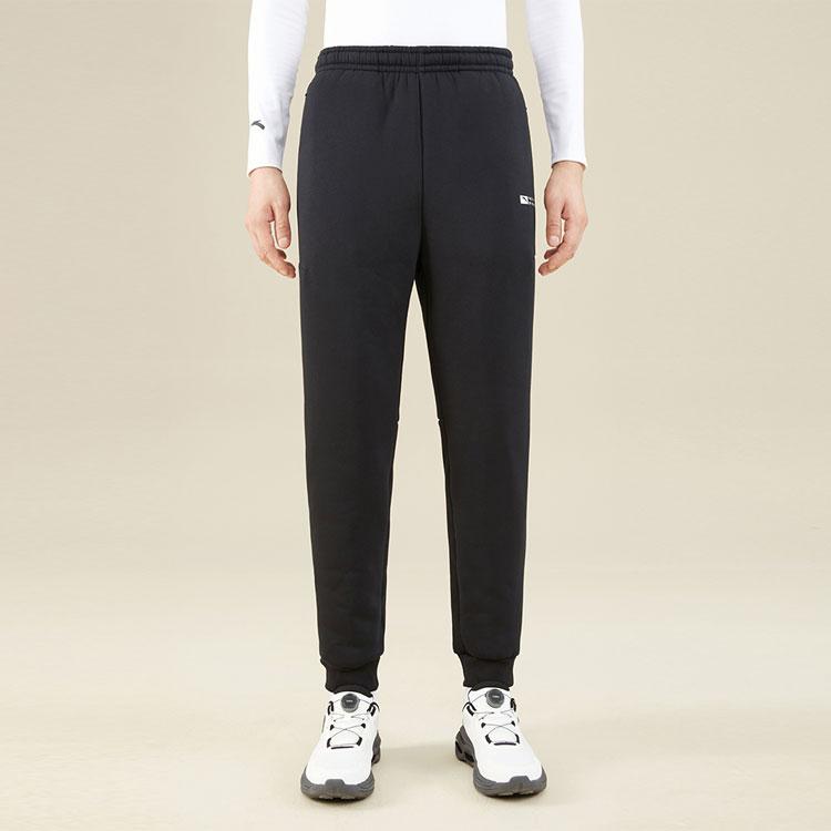 Anta Training Series Solid Color Mid Waist Cuffed Fleece Thickened Knitted Sports Pants Men Bottoms Basic-Black 952347303-3