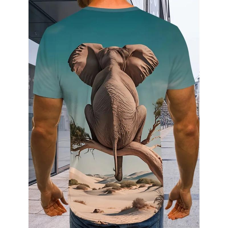 Men's 3D Elephant Print T-shirt Short Sleeved T-shirt Breathable Polyester Round Neck Casual Streetwear Top