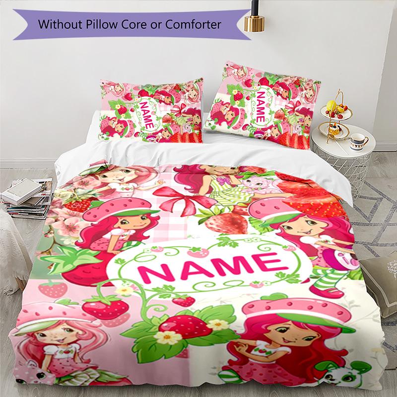 3pcs Strawberry Princess2 Cover Set - Personalized Name, HD Printed Bedding with 1 Cover and 2 Pillowcases - Perfect for Home Decor, Easy Care