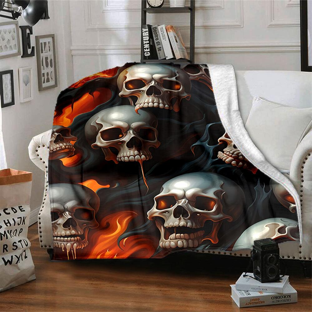1pc Skulls Flames Lightweight Flannel Blanket, Comfortable and Warm Blanket, for Office and Camping Sofa Bed, Livingroom189