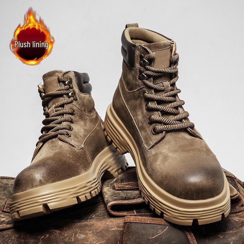 Pánské podzimní zimní vysoké boty z pravé kůže, britský styl, plyšové, venkovní, žluté pracovní boty