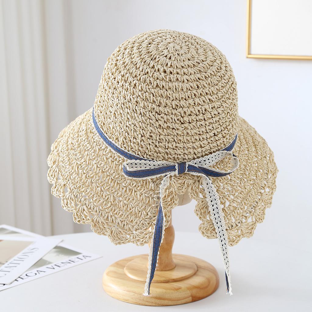 New sweet straw hat women's hand-woven split lace big brim sunshade sunscreen hat summer foldable beach hat